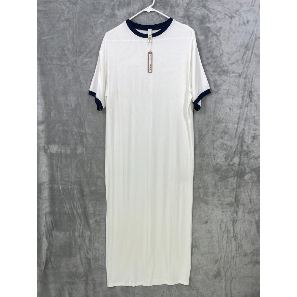 Skims Soft Lounge Ringer T-shirt Dress XS Maxi Pullover White/Navy Ribbed NWT
